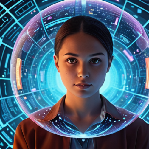A futuristic digital portrait of an individual immersed in a glowing, multi-layered "information bubble," composed of various personalized media feeds: short videos, news headlines, and vibrant graphics. Algorithms subtly shape the content around them, creating a sense of both seamless convenience and enclosed isolation. The setting is clean and high-tech, with data streams flowing in the background, symbolizing the pervasive influence of AI on content consumption. Style: conceptual art, volumetric lighting, digital painting, 8K, highly detailed.