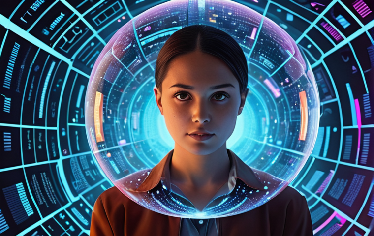 A futuristic digital portrait of an individual immersed in a glowing, multi-layered "information bubble," composed of various personalized media feeds: short videos, news headlines, and vibrant graphics. Algorithms subtly shape the content around them, creating a sense of both seamless convenience and enclosed isolation. The setting is clean and high-tech, with data streams flowing in the background, symbolizing the pervasive influence of AI on content consumption. Style: conceptual art, volumetric lighting, digital painting, 8K, highly detailed.