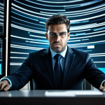 A professional person, fully clothed in a modern business suit, seated at a sleek digital desk, surrounded by a dynamic, abstract visual representation of overwhelming information noise and data streams. One hand is slightly raised, as if sifting through the digital chaos, while their expression conveys deep focus and critical thinking. The background features blurred, fragmented screens and glowing lines, symbolizing a vast influx of data. The overall scene emphasizes the challenge of information overload and the power of discernment. Professional photography, high resolution, soft cinematic lighting, appropriate content, safe for work, perfect anatomy, correct proportions, natural pose, well-formed hands, proper finger count, natural body proportions, professional dress.