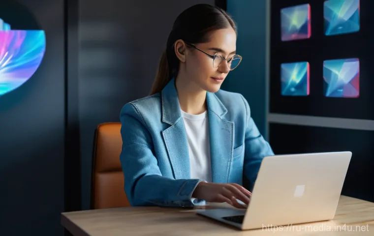 미디어와 통합 커뮤니케이션 - **Prompt:** A young, dynamic female content creator, dressed in stylish casual wear (jeans, a well-f...