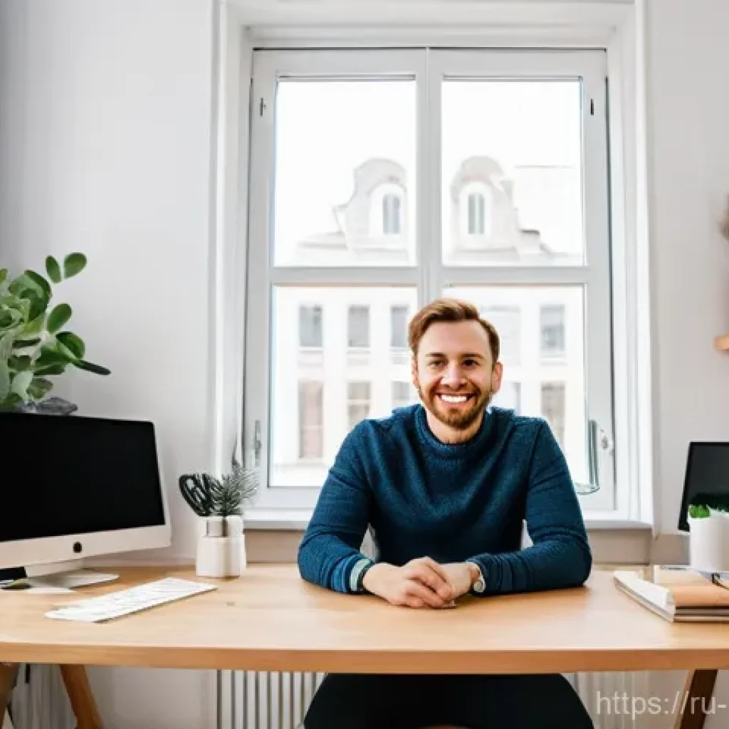 미디어와 글로벌 네트워크 - **Prompt:** A modern Russian blogger, male or female, in their early 30s, is seated at a contemporar...