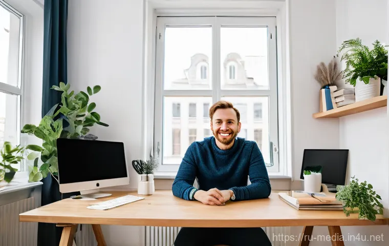 미디어와 글로벌 네트워크 - **Prompt:** A modern Russian blogger, male or female, in their early 30s, is seated at a contemporar...