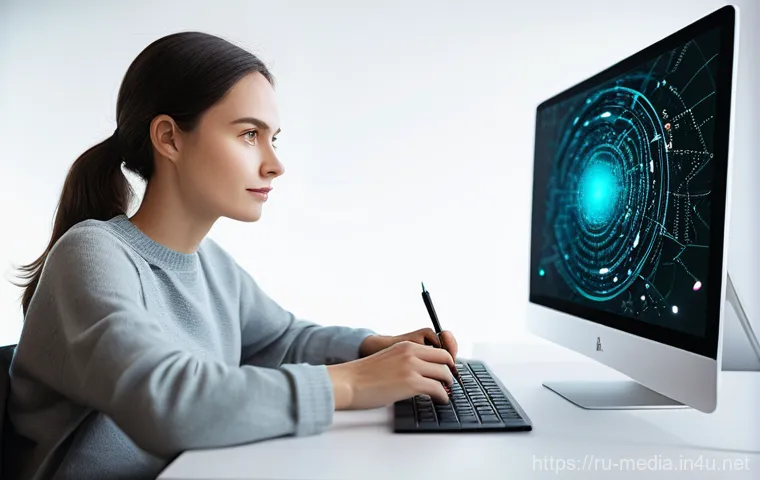 미디어와 글로벌 네트워크 - **Prompt:** A modern Russian blogger, male or female, in their early 30s, is seated at a contemporar...