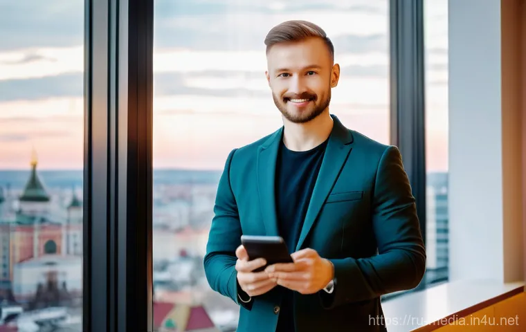 미디어와 글로벌 네트워크 - **Prompt:** A focused Russian content creator, female or male, in their late 20s, is diligently work...