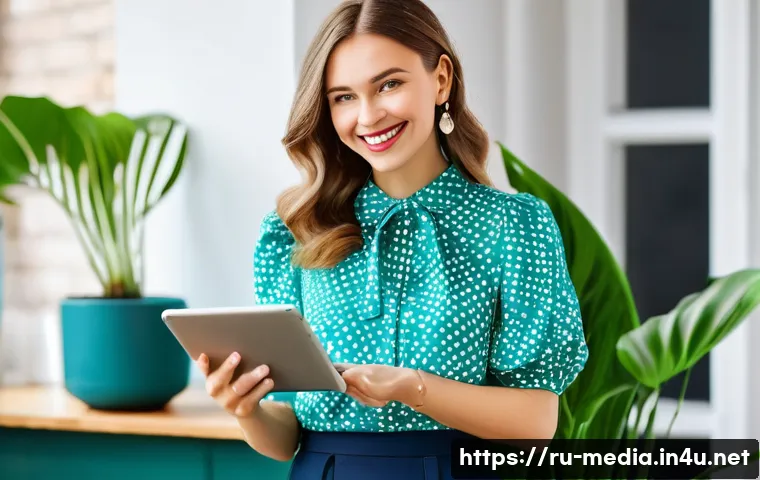 디지털 미디어 전략 - **Prompt:** A dynamic, eye-level shot of a cheerful young Russian female blogger, approximately 25-3...