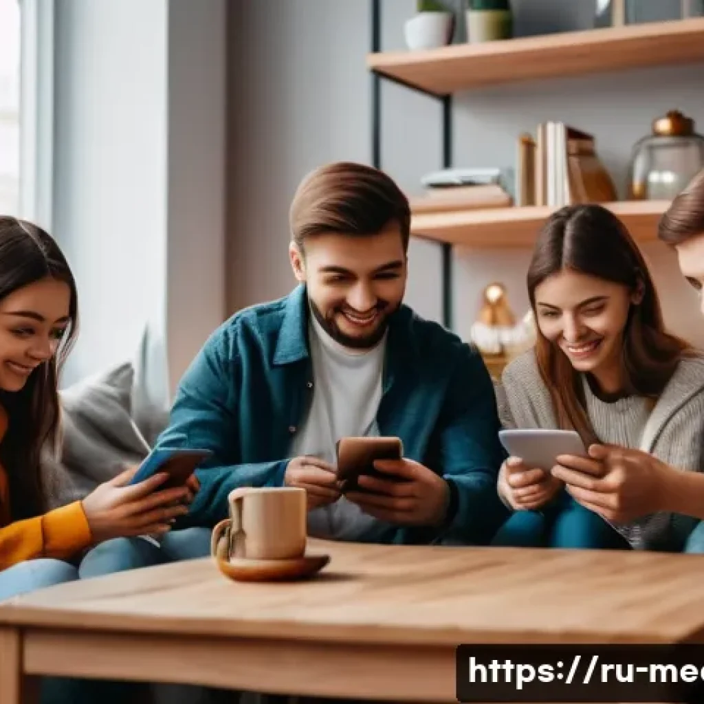 미디어 콘텐츠 소비자 행동 - A modern digital media consumption scene in a cozy Russian urban apartment: a diverse group of young...