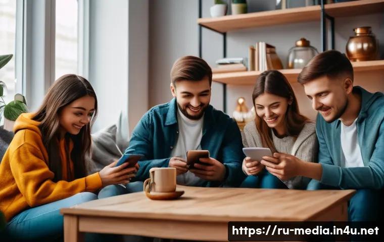 미디어 콘텐츠 소비자 행동 - A modern digital media consumption scene in a cozy Russian urban apartment: a diverse group of young...