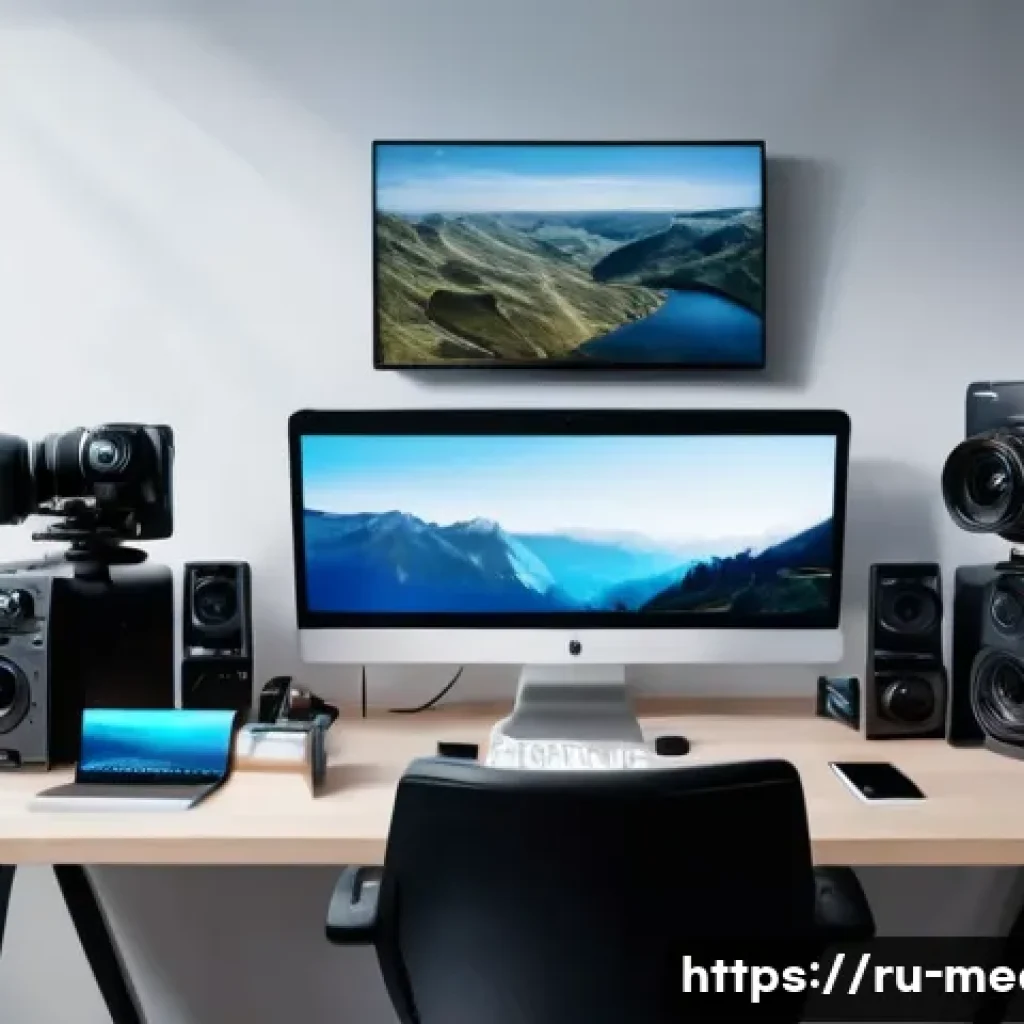 미디어 제작 및 기술 - A modern content creator’s workspace featuring a high-end 4K monitor displaying video editing softwa...