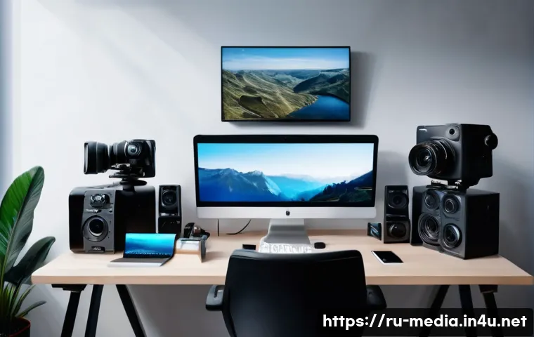 미디어 제작 및 기술 - A modern content creator’s workspace featuring a high-end 4K monitor displaying video editing softwa...