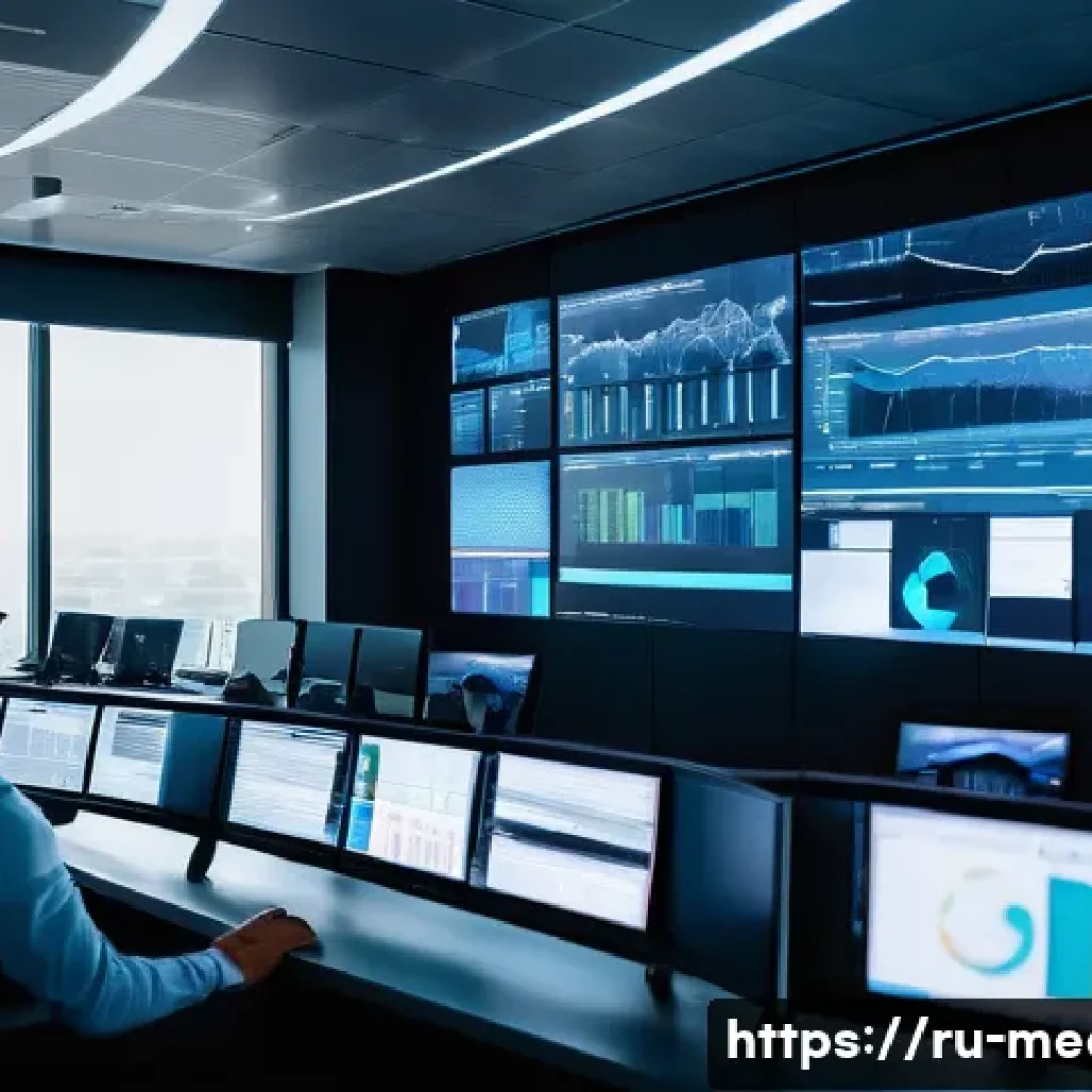 미디어과학 연구소 - A modern media control room with diverse professionals analyzing big data on multiple large digital ...