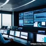 미디어과학 연구소 - A modern media control room with diverse professionals analyzing big data on multiple large digital ...