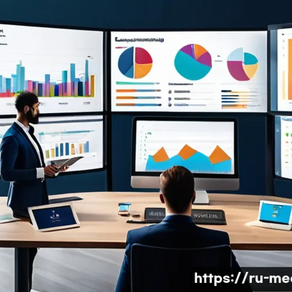 미디어 데이터 분석 - A modern digital marketing workspace showing a diverse team analyzing media data on multiple large s...