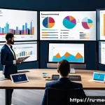 미디어 데이터 분석 - A modern digital marketing workspace showing a diverse team analyzing media data on multiple large s...