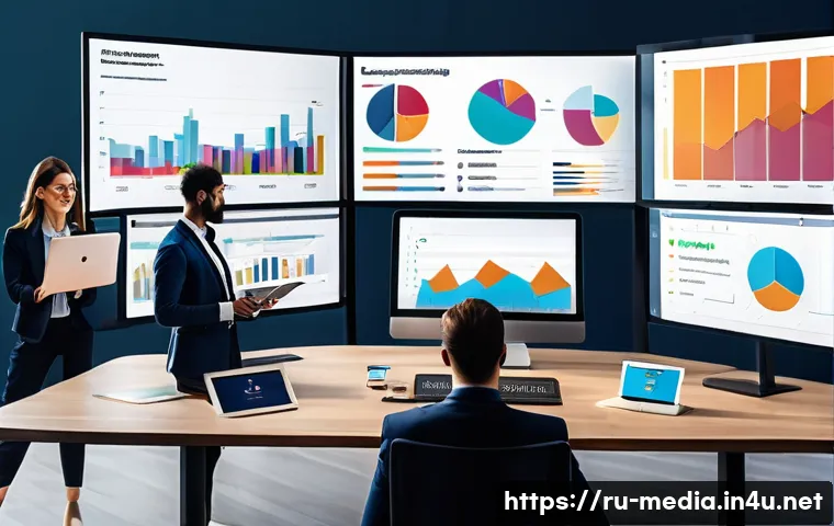 미디어 데이터 분석 - A modern digital marketing workspace showing a diverse team analyzing media data on multiple large s...