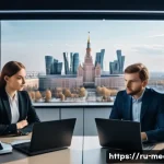 미디어의 정치적 경제학 - A modern newsroom scene in Moscow with diverse journalists working on computers and discussing edito...