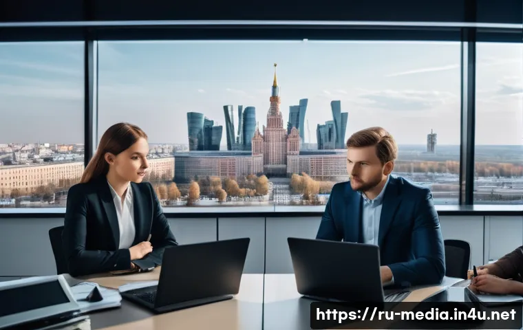 미디어의 정치적 경제학 - A modern newsroom scene in Moscow with diverse journalists working on computers and discussing edito...
