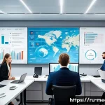 미디어 연구 설계 - A professional media research setting showing a diverse group of Russian researchers analyzing data ...