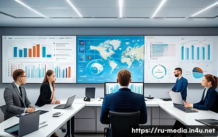 미디어 연구 설계 - A professional media research setting showing a diverse group of Russian researchers analyzing data ...