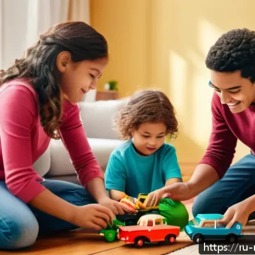 미디어와 젠더 - A warm, detailed family scene in a cozy living room featuring a young boy and girl playing with toys...