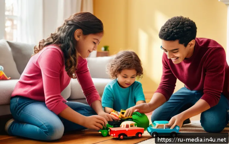 미디어와 젠더 - A warm, detailed family scene in a cozy living room featuring a young boy and girl playing with toys...